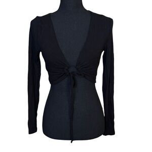 Cotton On Ari Tie Front Black Ribbed Long Sleeve Top Crop Top Sz Small